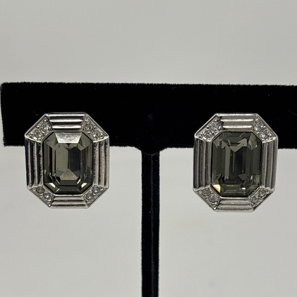 Vintage Clip-On Earrings Silver Tone Gray Glass Stone Art Deco‎ Style Octagon
